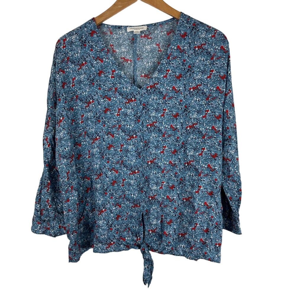 Beach Lunch Lounge Floral Top Popover Womens Large Blue Tie Front Hem V Neck